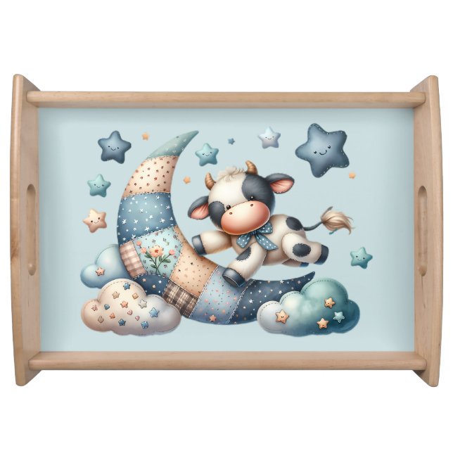 Cute Patchwork Cow Over Moon with Stars Serving Tray (Front)