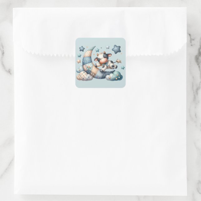 Cute Patchwork Cow Over Moon with Stars Square Sticker (Bag)