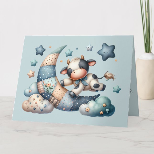 Cute Patchwork Cow Over Moon with Stars Thank You Card (Front)