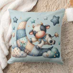 Cute Patchwork Cow Over Moon with Stars Throw Pillow