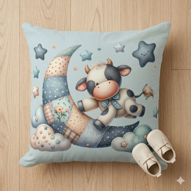 Cute Patchwork Cow Over Moon with Stars Throw Pillow (Cute Patchwork Cow Over Moon with Stars Throw Pillow Mockup B)