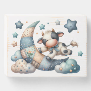 Cute Patchwork Cow Over Moon with Stars Wooden Box Sign