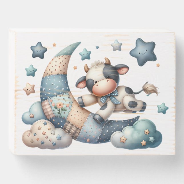 Cute Patchwork Cow Over Moon with Stars Wooden Box Sign (Front Horizontal)
