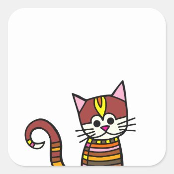 Cute Patchwork Doodle Kitten Portrait Square Sticker by prawny at Zazzle