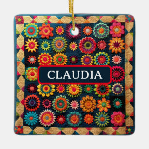 Cute Patchwork Floral Quilt Christmas Ceramic Ornament