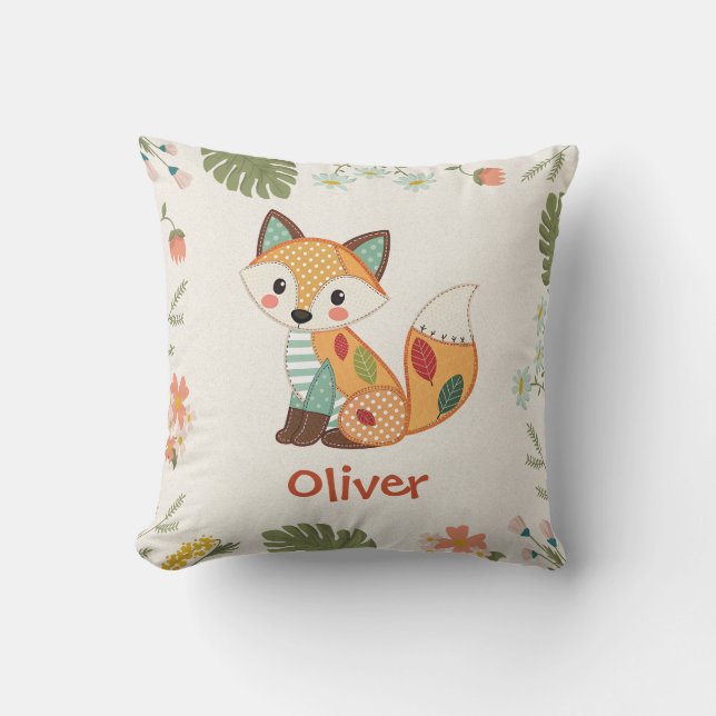 Cute Patchwork Fox Throw Pillow (Front)