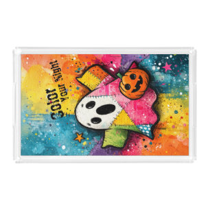 Cute Patchwork Ghost Colorful Splatter Art Acrylic Tray