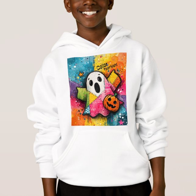 Cute Patchwork Ghost Colorful Splatter Art Hoodie (Front)