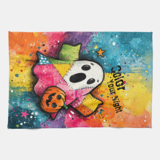 Cute Patchwork Ghost Colorful Splatter Art Kitchen Towel