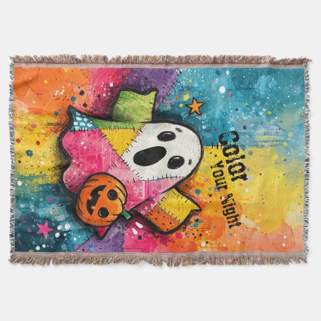Cute Patchwork Ghost Colorful Splatter Art Throw Blanket (Front)