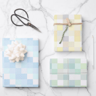 Cute Patchwork Pastel Lemon, Blue and Green Wrapping Paper Sheets