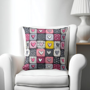 Cute Patchwork Pattern with Hearts Throw Pillow