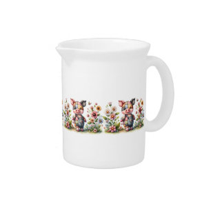 Cute Patchwork Piglet in Floral Garden Beverage Pitcher