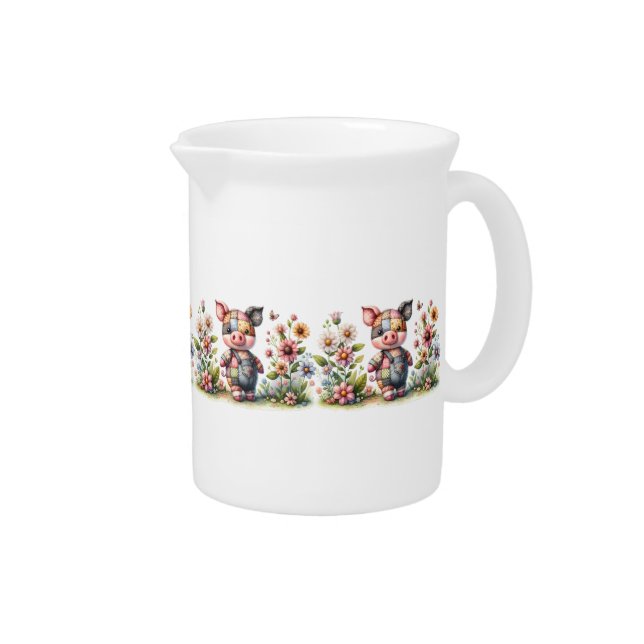 Cute Patchwork Piglet in Floral Garden Beverage Pitcher (Right)