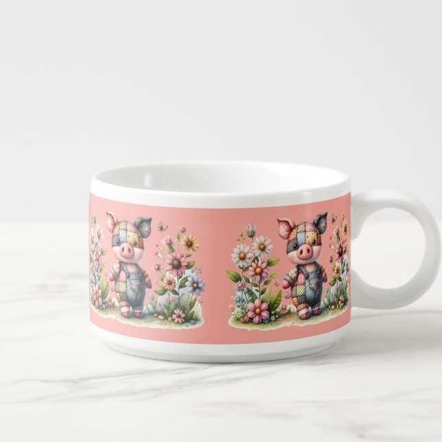Cute Patchwork Piglet in Floral Garden Bowl (Left)