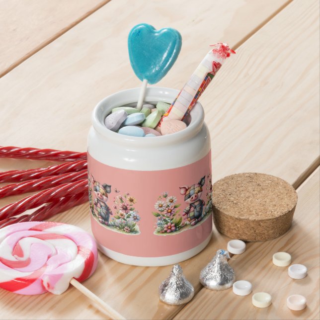 Cute Patchwork Piglet in Floral Garden Candy Jar (In Situ)