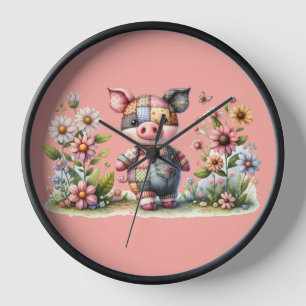 Cute Patchwork Piglet in Floral Garden Clock