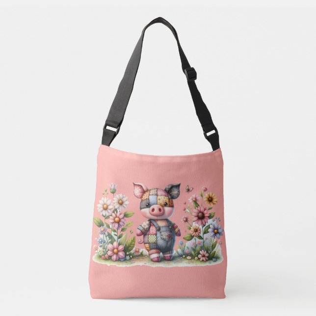 Cute Patchwork Piglet in Floral Garden Crossbody Bag (Front)