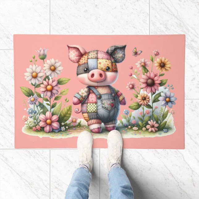 Cute Patchwork Piglet in Floral Garden Doormat (Indoor)
