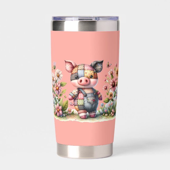 Cute Patchwork Piglet in Floral Garden Insulated Tumbler (Front)