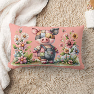 Cute Patchwork Piglet in Floral Garden Lumbar Pillow