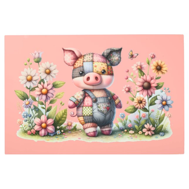 Cute Patchwork Piglet in Floral Garden Metal Print (Front)