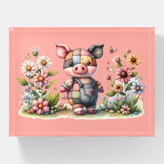 Cute Patchwork Piglet in Floral Garden Paperweight (Front)
