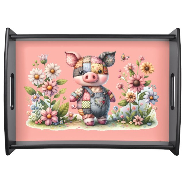 Cute Patchwork Piglet in Floral Garden Serving Tray (Front)