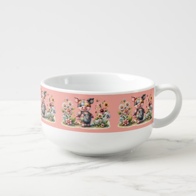 Cute Patchwork Piglet in Floral Garden Soup Mug (Left)