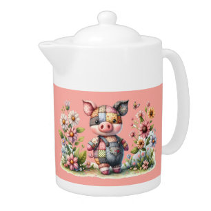 Cute Patchwork Piglet in Floral Garden Teapot