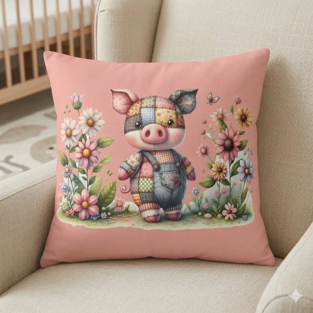 Cute Patchwork Piglet in Floral Garden Throw Pillow (Cute Patchwork Piglet in Floral Garden Throw Pillow Mockup A.)