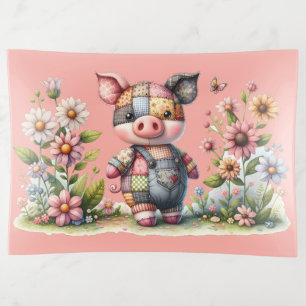 Cute Patchwork Piglet in Floral Garden Trinket Tray