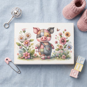 Cute Patchwork Piglet in Floral Garden Wooden Box Sign