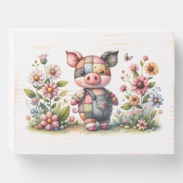 Cute Patchwork Piglet in Floral Garden Wooden Box Sign (Front Horizontal)