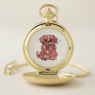 Cute Patchwork Puppy Dog with Heart Illustration Pocket Watch