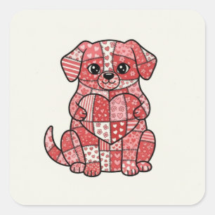 Cute Patchwork Puppy Dog with Heart Illustration Square Sticker