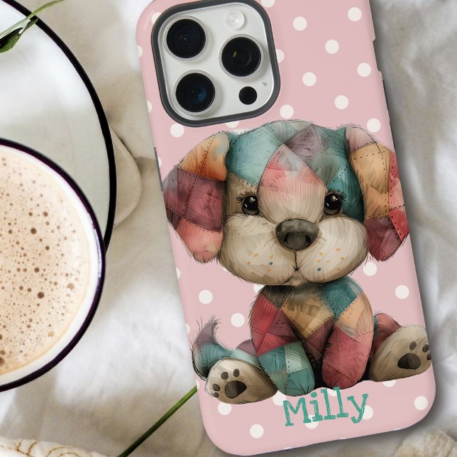 Cute Patchwork Puppy | Personalized Pink Polka Dot iPhone Case (Creator Uploaded)