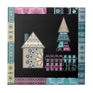 Cute patchwork quilting house tree abstract shapes ceramic tile
