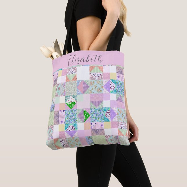 Cute Patchwork Quilting Themed Colorful Custom Tote Bag (Close Up)