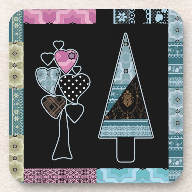 Cute patchwork quilting tree abstract shapes black beverage coaster (Front)