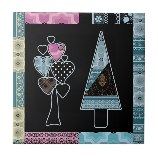 Cute patchwork quilting tree abstract shapes black ceramic tile (Front)