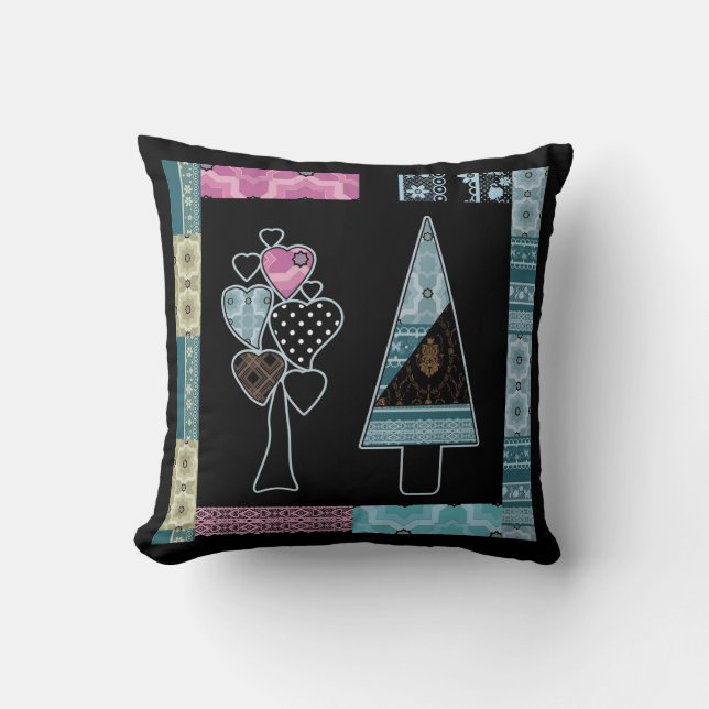Cute patchwork quilting tree abstract shapes black throw pillow (Front)