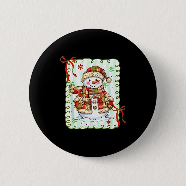 Cute Patchwork Snowman Bow Christmas Xmas Men Wome Button (Front)