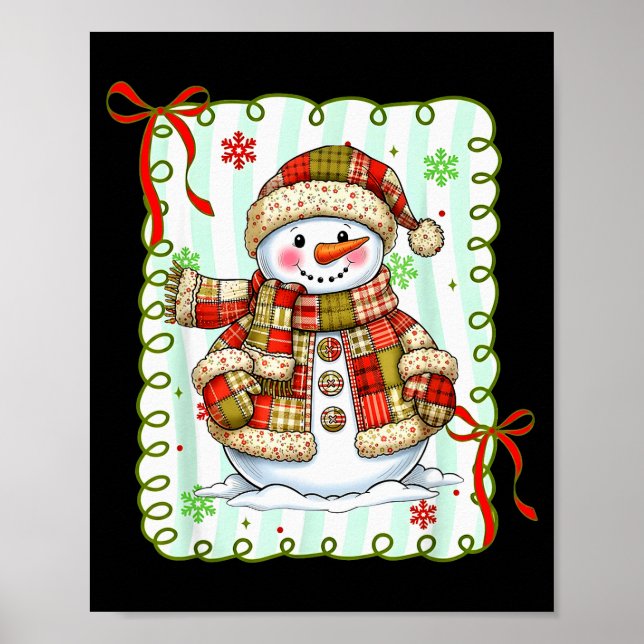 Cute Patchwork Snowman Bow Christmas Xmas Men Wome Poster (Front)