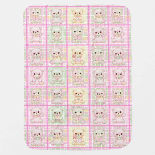 Cute Patchwork Teddy Bear Quilt Seamless Baby Blanket (Front)