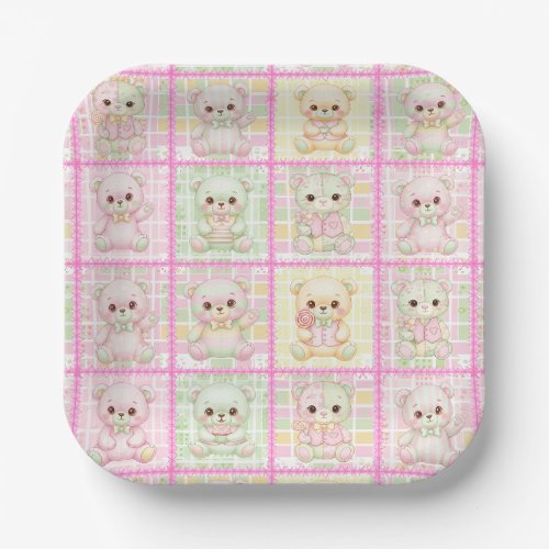 Cute Patchwork Teddy Bear Quilt Seamless Paper Plates