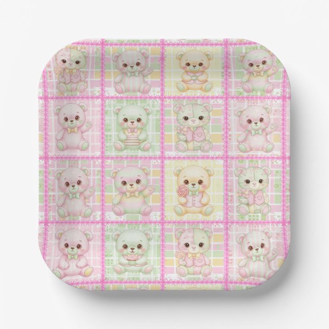 Cute Patchwork Teddy Bear Quilt Seamless Paper Plates (Front)