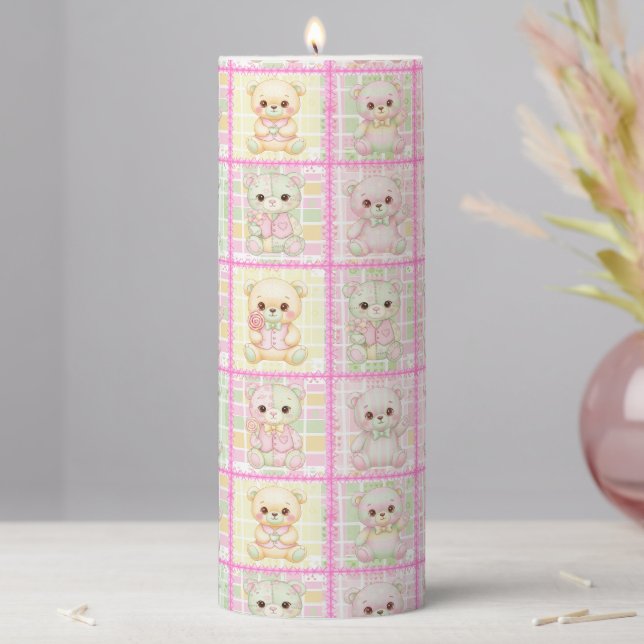 Cute Patchwork Teddy Bear Quilt Seamless Pillar Candle (In Situ)