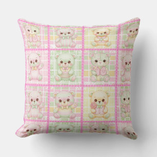 Cute Patchwork Teddy Bear Quilt Seamless Throw Pillow
