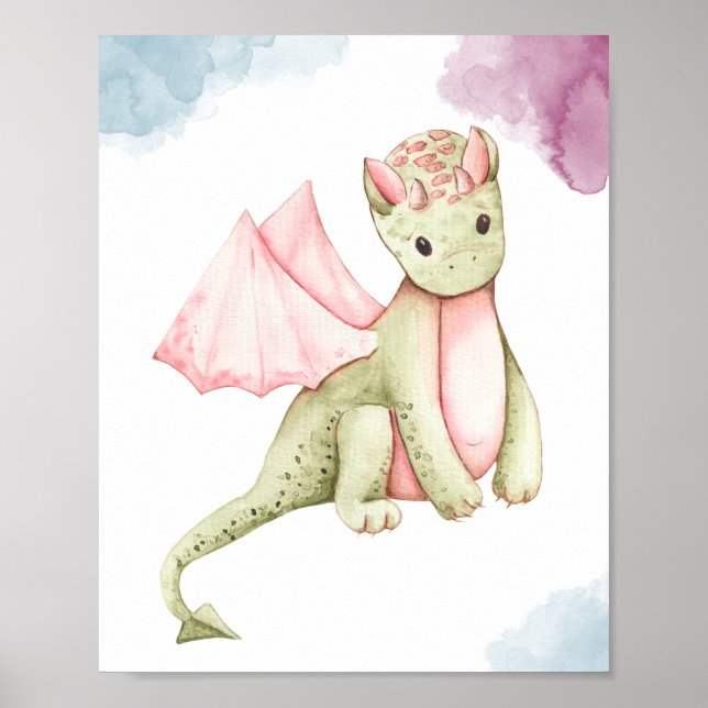 Cute Patel Pink and Green Dragon Display Poster (Front)